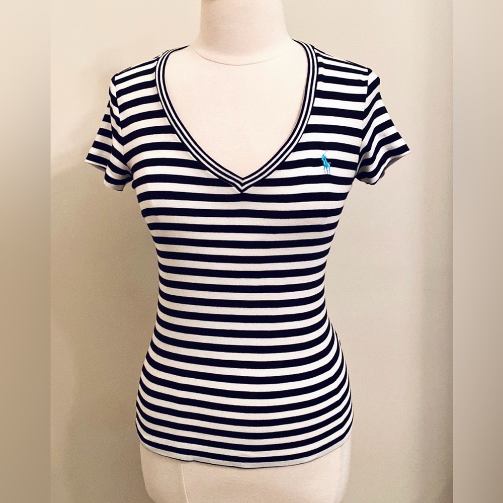 Ralph Lauren Black White Striped SZ S Preppy Quiet Luxury Nautical Americana Top